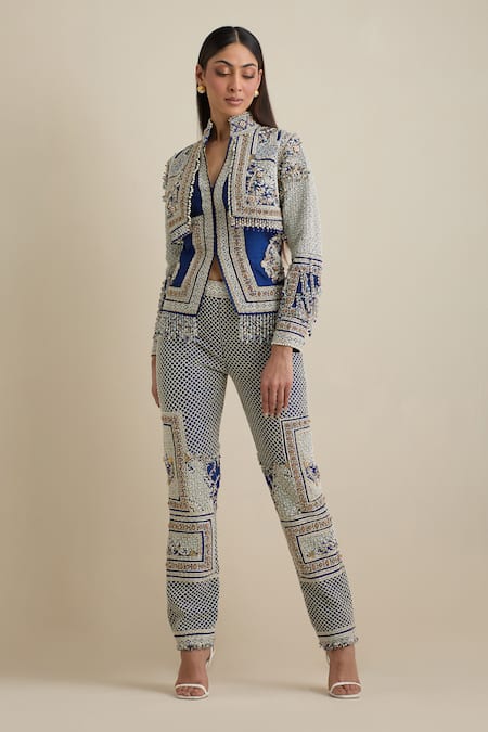 Eeksha Blue Silk, Brocade Pearls, Cut Work Bandeau Mughal Embroidered Jacket And Pant Set