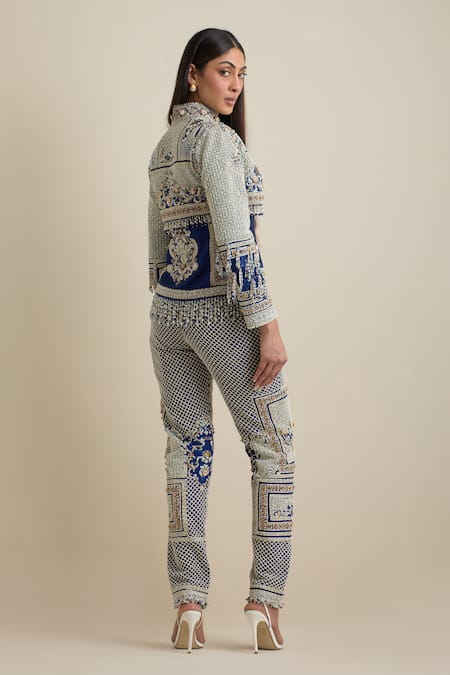 Shop Eeksha Blue Silk, Brocade Pearls, Cut Work Bandeau Mughal Embroidered Jacket And Pant Set at Aza Fashions Shop_Eeksha_Blue Silk, Brocade Pearls, Cut Work Bandeau Mughal Embroidered Jacket And Pant Set _at_Aza_Fashions