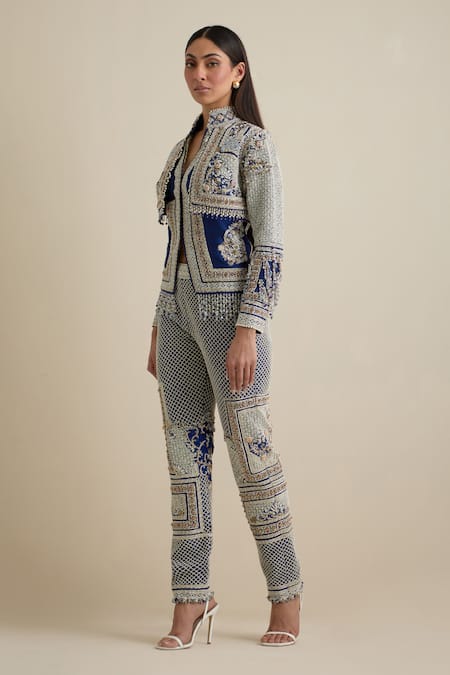 Eeksha Blue Silk, Brocade Pearls, Cut Work Bandeau Mughal Embroidered Jacket And Pant Set Online at Aza Fashions Eeksha_Blue Silk, Brocade Pearls, Cut Work Bandeau Mughal Embroidered Jacket And Pant Set _Online_at_Aza_Fashions