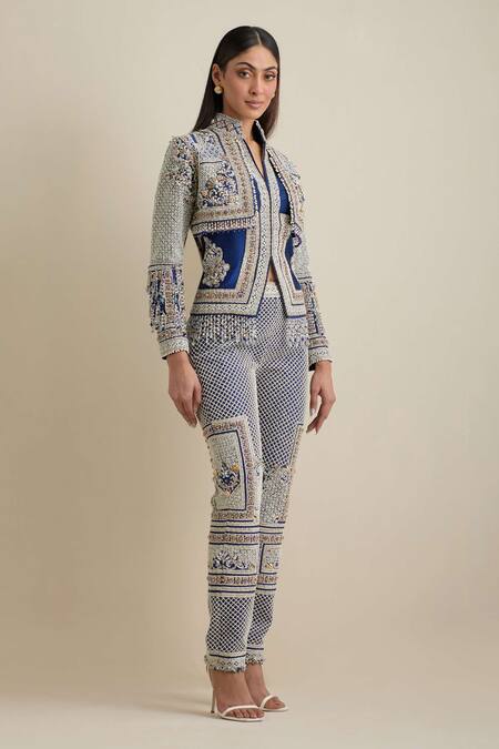 Buy Eeksha Blue Silk, Brocade Pearls, Cut Work Bandeau Mughal Embroidered Jacket And Pant Set Online at Aza Fashions Buy_Eeksha_Blue Silk, Brocade Pearls, Cut Work Bandeau Mughal Embroidered Jacket And Pant Set _Online_at_Aza_Fashions