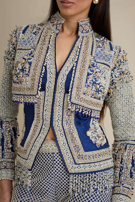 Shop Eeksha Blue Silk, Brocade Pearls, Cut Work Bandeau Mughal Embroidered Jacket And Pant Set Online at Aza Fashions Shop_Eeksha_Blue Silk, Brocade Pearls, Cut Work Bandeau Mughal Embroidered Jacket And Pant Set _Online_at_Aza_Fashions
