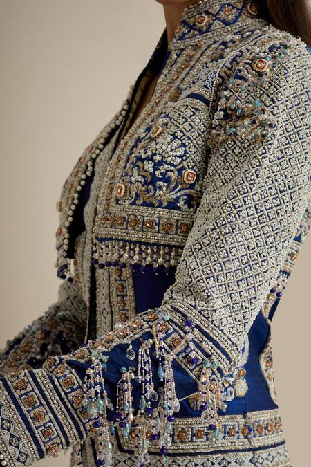 Eeksha Blue Silk, Brocade Pearls, Cut Work Bandeau Mughal Embroidered Jacket And Pant Set at Aza Fashions Eeksha_Blue Silk, Brocade Pearls, Cut Work Bandeau Mughal Embroidered Jacket And Pant Set _at_Aza_Fashions
