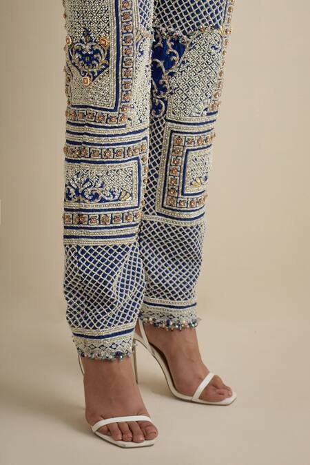 Buy Eeksha Blue Silk, Brocade Pearls, Cut Work Bandeau Mughal Embroidered Jacket And Pant Set Buy_Eeksha_Blue Silk, Brocade Pearls, Cut Work Bandeau Mughal Embroidered Jacket And Pant Set