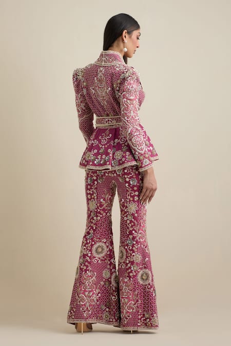 Shop Eeksha Magenta Crepe, Silk Pearls, Diamonds, Stones, Embroidered Peplum Jacket Pant Set at Aza Fashions Shop_Eeksha_Magenta Crepe, Silk Pearls, Diamonds, Stones, Embroidered Peplum Jacket Pant Set _at_Aza_Fashions