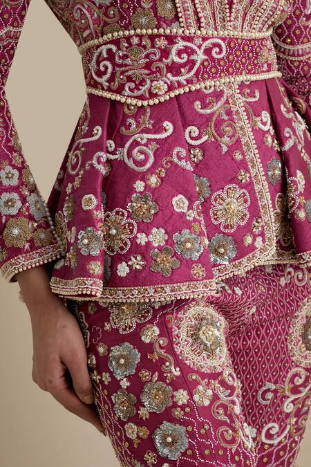 Eeksha Magenta Crepe, Silk Pearls, Diamonds, Stones, Embroidered Peplum Jacket Pant Set at Aza Fashions Eeksha_Magenta Crepe, Silk Pearls, Diamonds, Stones, Embroidered Peplum Jacket Pant Set _at_Aza_Fashions