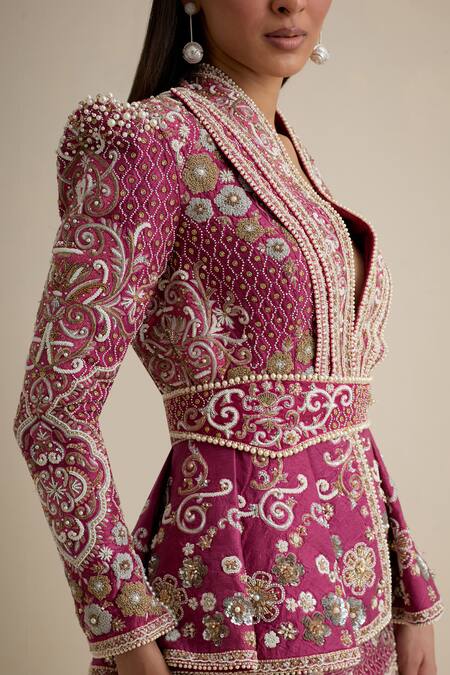 Buy Eeksha Magenta Crepe, Silk Pearls, Diamonds, Stones, Embroidered Peplum Jacket Pant Set Buy_Eeksha_Magenta Crepe, Silk Pearls, Diamonds, Stones, Embroidered Peplum Jacket Pant Set
