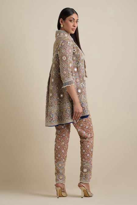 Shop Eeksha Blue Satin, Lycra, Crepe Pearls, Mirrors, Embroidery Round Neck, Jacket Pant Set at Aza Fashions Shop_Eeksha_Blue Satin, Lycra, Crepe Pearls, Mirrors, Embroidery Round Neck, Jacket Pant Set _at_Aza_Fashions