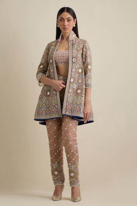 Buy Eeksha Blue Satin, Lycra, Crepe Pearls, Mirrors, Embroidery Round Neck, Jacket Pant Set Online at Aza Fashions Buy_Eeksha_Blue Satin, Lycra, Crepe Pearls, Mirrors, Embroidery Round Neck, Jacket Pant Set _Online_at_Aza_Fashions