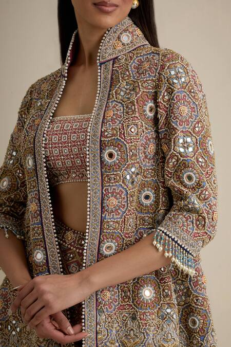 Shop Eeksha Blue Satin, Lycra, Crepe Pearls, Mirrors, Embroidery Round Neck, Jacket Pant Set Online at Aza Fashions Shop_Eeksha_Blue Satin, Lycra, Crepe Pearls, Mirrors, Embroidery Round Neck, Jacket Pant Set _Online_at_Aza_Fashions