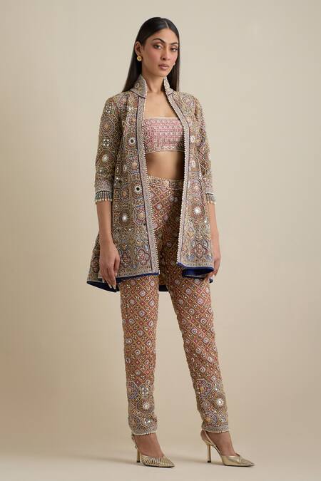 Eeksha Blue Satin, Lycra, Crepe Pearls, Mirrors, Embroidery Round Neck, Jacket Pant Set at Aza Fashions Eeksha_Blue Satin, Lycra, Crepe Pearls, Mirrors, Embroidery Round Neck, Jacket Pant Set _at_Aza_Fashions