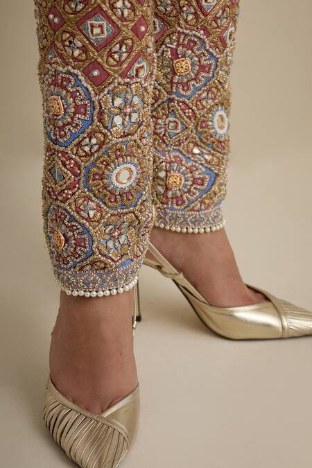 Buy Eeksha Blue Satin, Lycra, Crepe Pearls, Mirrors, Embroidery Round Neck, Jacket Pant Set Buy_Eeksha_Blue Satin, Lycra, Crepe Pearls, Mirrors, Embroidery Round Neck, Jacket Pant Set