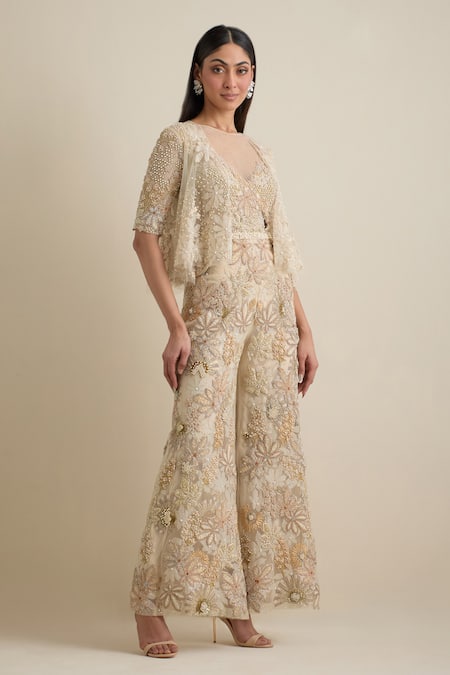 EEKSHA Floral Embroidered Jumpsuit With Jacket 