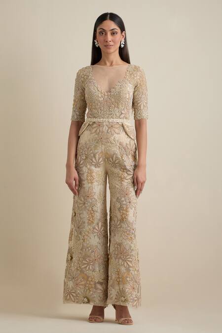 Eeksha_Ivory Organza, Net Embroidery, Cut Work, Sequins Floral Jumpsuit With Jacket _Online_at_Aza_Fashions