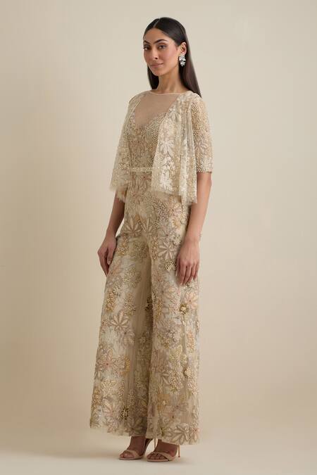 Buy_Eeksha_Ivory Organza, Net Embroidery, Cut Work, Sequins Floral Jumpsuit With Jacket _Online_at_Aza_Fashions