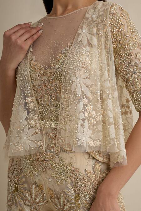 Shop_Eeksha_Ivory Organza, Net Embroidery, Cut Work, Sequins Floral Jumpsuit With Jacket _Online_at_Aza_Fashions