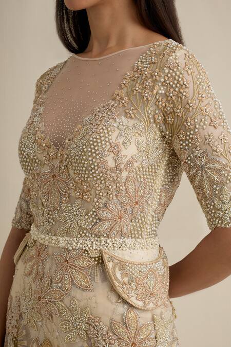 Eeksha_Ivory Organza, Net Embroidery, Cut Work, Sequins Floral Jumpsuit With Jacket _at_Aza_Fashions