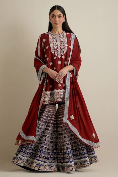 Eeksha Maroon Organza, Net, Crepe Cut Work, Floral Embroidered Kurta Sharara Set