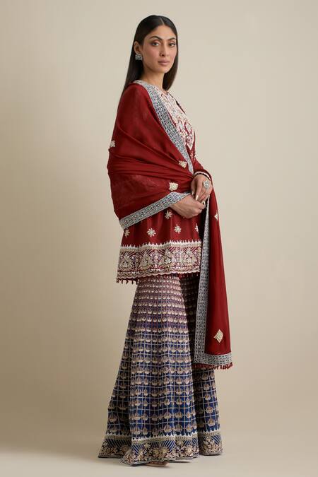 Shop Eeksha Maroon Organza, Net, Crepe Cut Work, Floral Embroidered Kurta Sharara Set Online at Aza Fashions Shop_Eeksha_Maroon Organza, Net, Crepe Cut Work, Floral Embroidered Kurta Sharara Set _Online_at_Aza_Fashions