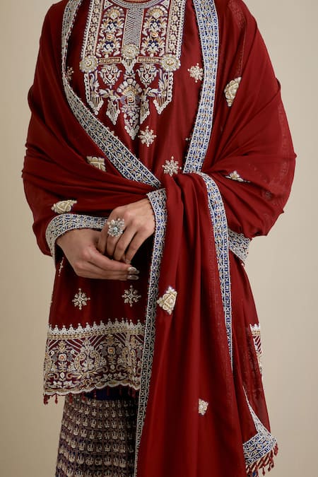 Buy Eeksha Maroon Organza, Net, Crepe Cut Work, Floral Embroidered Kurta Sharara Set Buy_Eeksha_Maroon Organza, Net, Crepe Cut Work, Floral Embroidered Kurta Sharara Set
