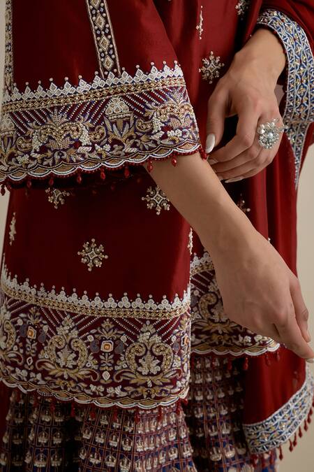 Shop Eeksha Maroon Organza, Net, Crepe Cut Work, Floral Embroidered Kurta Sharara Set Shop_Eeksha_Maroon Organza, Net, Crepe Cut Work, Floral Embroidered Kurta Sharara Set
