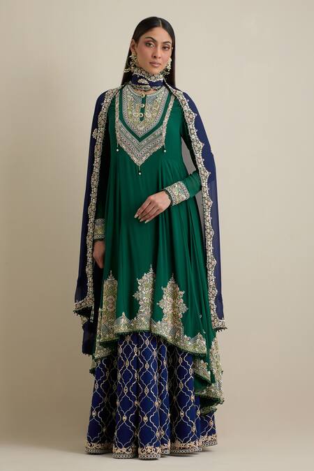 Eeksha Green Georgette, Chiffon, Silk, Denim Cut Work, Kalidar Kurta Sharara Set Online at Aza Fashions Eeksha_Green Georgette, Chiffon, Silk, Denim Cut Work, Kalidar Kurta Sharara Set _Online_at_Aza_Fashions