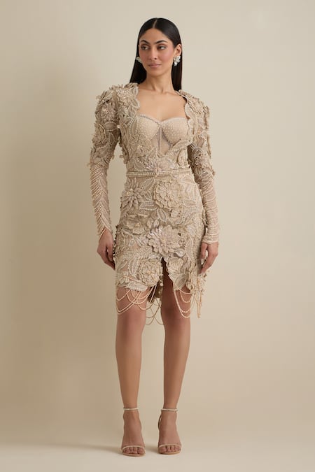 Eeksha Gold Net, Silk Sequins, Crystals, Cut 3d Applique Top And Cigarette Pant Set