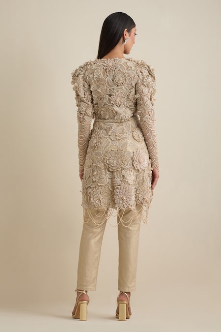 Shop Eeksha Gold Net, Silk Sequins, Crystals, Cut 3d Applique Top And Cigarette Pant Set at Aza Fashions Shop_Eeksha_Gold Net, Silk Sequins, Crystals, Cut 3d Applique Top And Cigarette Pant Set _at_Aza_Fashions