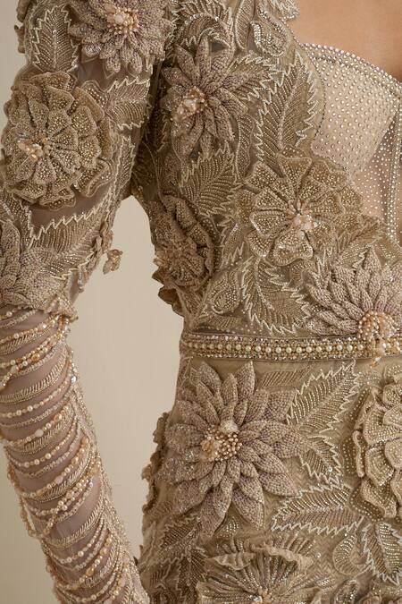 Eeksha Gold Net, Silk Sequins, Crystals, Cut 3d Applique Top And Cigarette Pant Set Online at Aza Fashions Eeksha_Gold Net, Silk Sequins, Crystals, Cut 3d Applique Top And Cigarette Pant Set _Online_at_Aza_Fashions