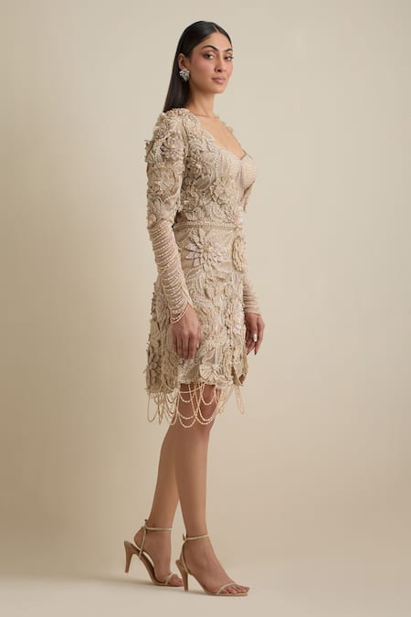 Eeksha Gold Net, Silk Sequins, Crystals, Cut 3d Applique Top And Cigarette Pant Set at Aza Fashions Eeksha_Gold Net, Silk Sequins, Crystals, Cut 3d Applique Top And Cigarette Pant Set _at_Aza_Fashions