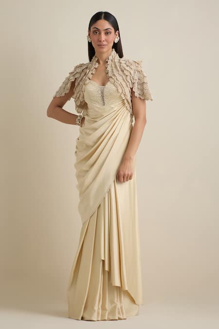 EEKSHA Draped Dress With Flower Petal Embellished Jacket 