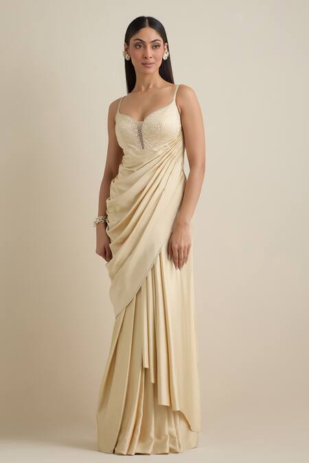 Eeksha_Ivory Lycra, Satin, Net, Silk Draped Dress With Flower Petal Embellished Jacket _Online_at_Aza_Fashions