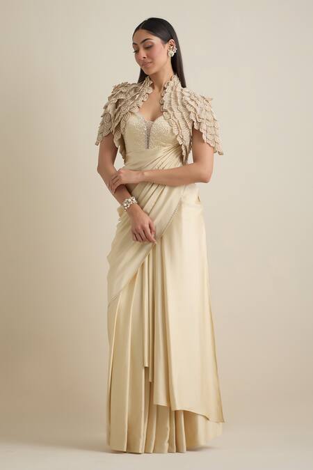Buy_Eeksha_Ivory Lycra, Satin, Net, Silk Draped Dress With Flower Petal Embellished Jacket _Online_at_Aza_Fashions