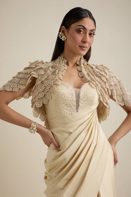 Eeksha_Ivory Lycra, Satin, Net, Silk Draped Dress With Flower Petal Embellished Jacket _at_Aza_Fashions