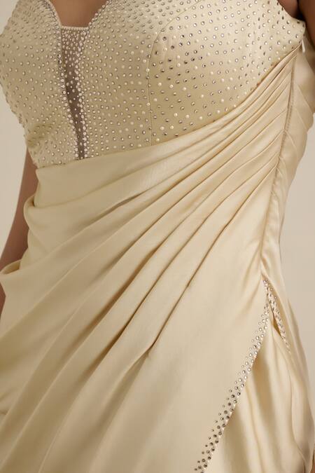Buy_Eeksha_Ivory Lycra, Satin, Net, Silk Draped Dress With Flower Petal Embellished Jacket 