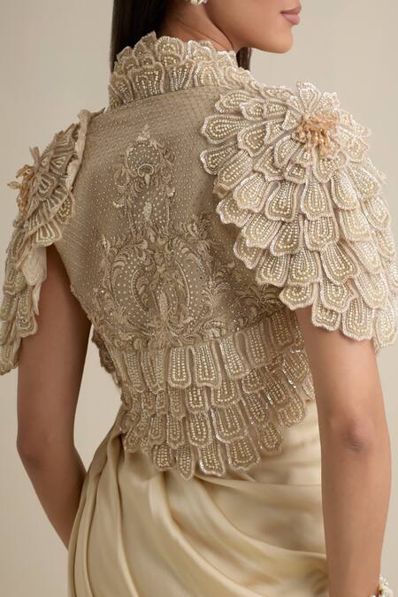 Shop_Eeksha_Ivory Lycra, Satin, Net, Silk Draped Dress With Flower Petal Embellished Jacket 