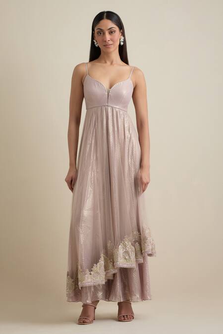 Eeksha_Pink Crepe, Silk Cut Work, Layered Jumpsuit With Mughal Jaal Embroidered Cape _Online_at_Aza_Fashions