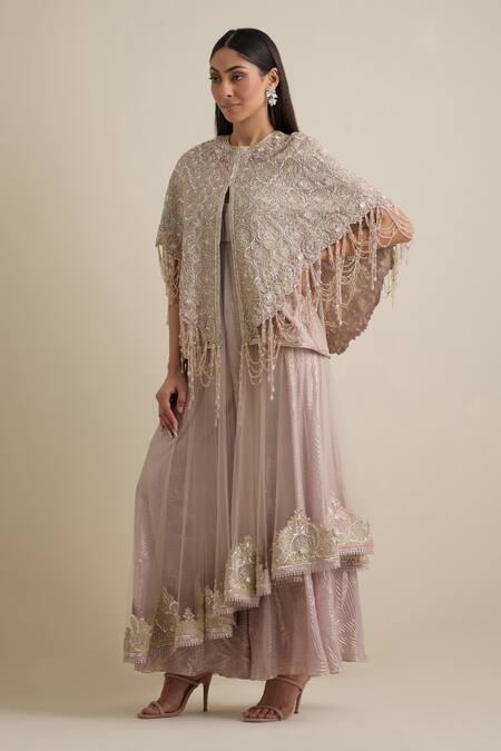 Buy_Eeksha_Pink Crepe, Silk Cut Work, Layered Jumpsuit With Mughal Jaal Embroidered Cape _Online_at_Aza_Fashions