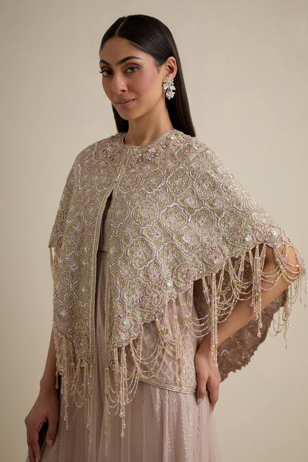 Shop_Eeksha_Pink Crepe, Silk Cut Work, Layered Jumpsuit With Mughal Jaal Embroidered Cape _Online_at_Aza_Fashions
