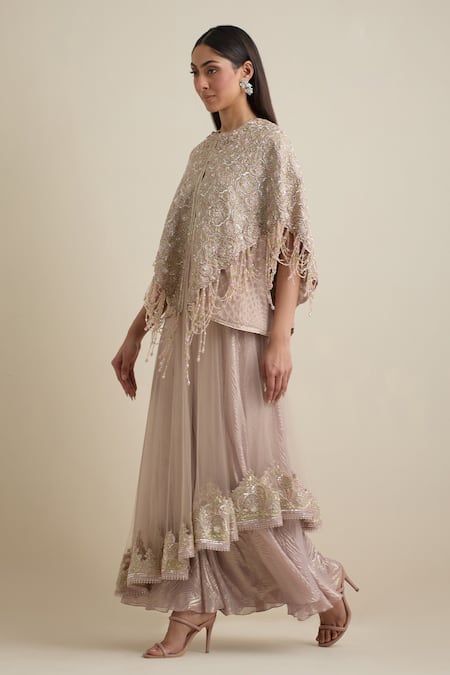 Eeksha_Pink Crepe, Silk Cut Work, Layered Jumpsuit With Mughal Jaal Embroidered Cape _at_Aza_Fashions