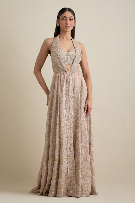 Eeksha Pink Net, Silk Beads, Sequins, Embroidery Sweetheart Kalidar Jacket Pant Set