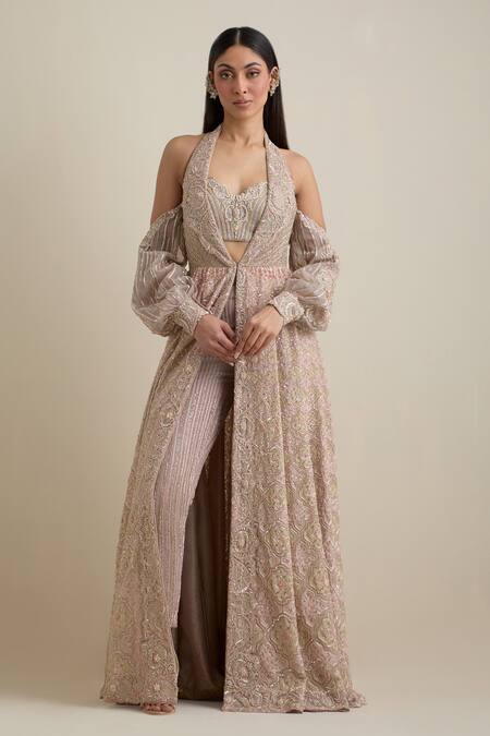 Eeksha Pink Net, Silk Beads, Sequins, Embroidery Sweetheart Kalidar Jacket Pant Set Online at Aza Fashions Eeksha_Pink Net, Silk Beads, Sequins, Embroidery Sweetheart Kalidar Jacket Pant Set _Online_at_Aza_Fashions