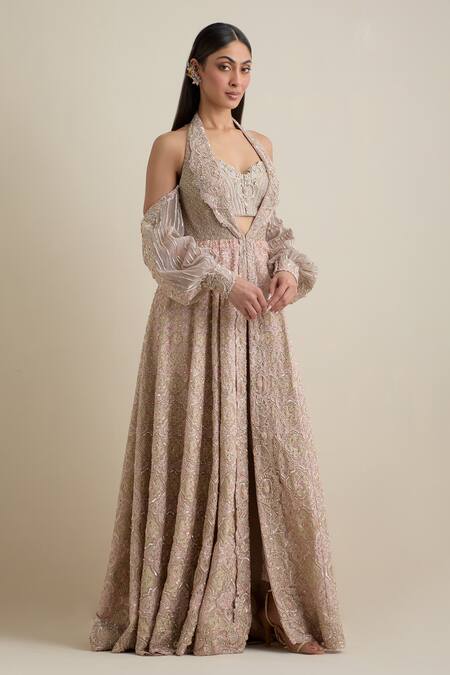 Shop Eeksha Pink Net, Silk Beads, Sequins, Embroidery Sweetheart Kalidar Jacket Pant Set Online at Aza Fashions Shop_Eeksha_Pink Net, Silk Beads, Sequins, Embroidery Sweetheart Kalidar Jacket Pant Set _Online_at_Aza_Fashions