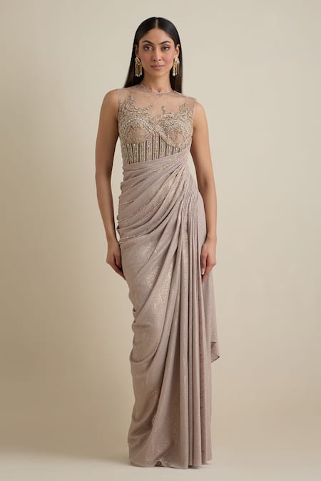 Eeksha Pink Silk, Net Pearls, Crystals, Brooches High Embroidered Draped Corset Dress