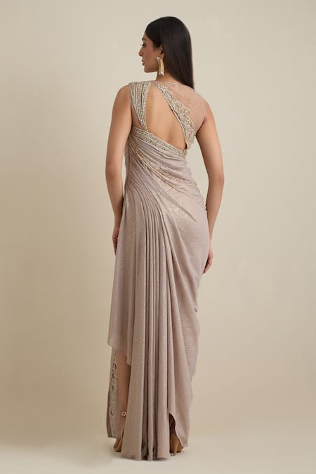 Shop Eeksha Pink Silk, Net Pearls, Crystals, Brooches High Embroidered Draped Corset Dress at Aza Fashions Shop_Eeksha_Pink Silk, Net Pearls, Crystals, Brooches High Embroidered Draped Corset Dress _at_Aza_Fashions