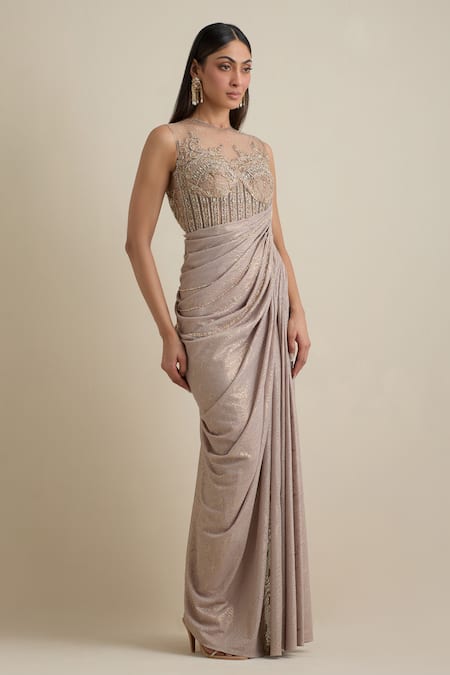 Eeksha Pink Silk, Net Pearls, Crystals, Brooches High Embroidered Draped Corset Dress Online at Aza Fashions Eeksha_Pink Silk, Net Pearls, Crystals, Brooches High Embroidered Draped Corset Dress _Online_at_Aza_Fashions