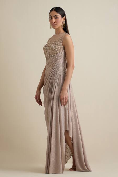 Buy Eeksha Pink Silk, Net Pearls, Crystals, Brooches High Embroidered Draped Corset Dress Online at Aza Fashions Buy_Eeksha_Pink Silk, Net Pearls, Crystals, Brooches High Embroidered Draped Corset Dress _Online_at_Aza_Fashions