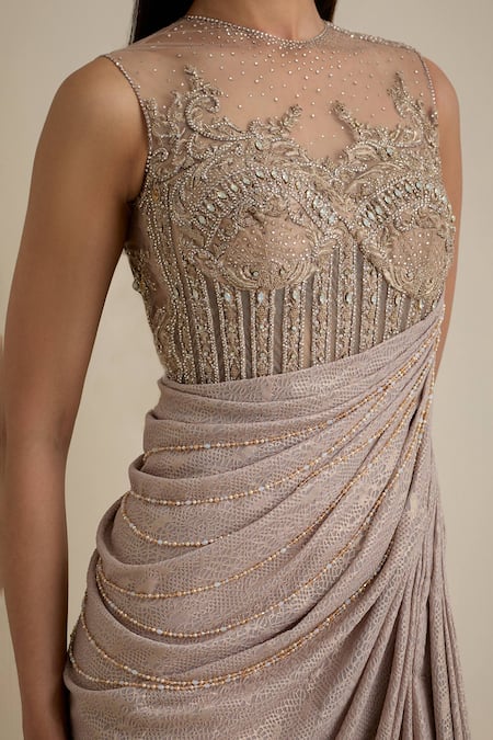 Eeksha Pink Silk, Net Pearls, Crystals, Brooches High Embroidered Draped Corset Dress at Aza Fashions Eeksha_Pink Silk, Net Pearls, Crystals, Brooches High Embroidered Draped Corset Dress _at_Aza_Fashions