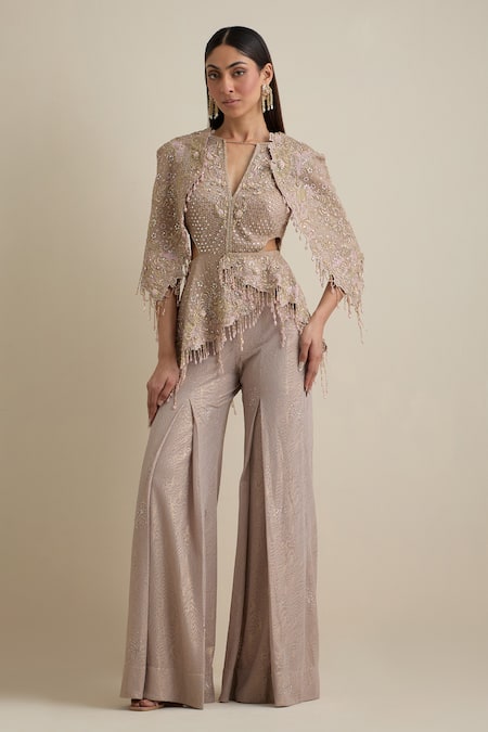 Eeksha Pink Net Sequins, Beads Embroidered Draped Sleeve Jumpsuit