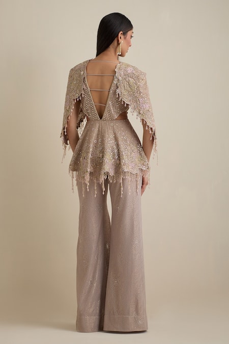 Shop Eeksha Pink Net Sequins, Beads Embroidered Draped Sleeve Jumpsuit at Aza Fashions Shop_Eeksha_Pink Net Sequins, Beads Embroidered Draped Sleeve Jumpsuit _at_Aza_Fashions