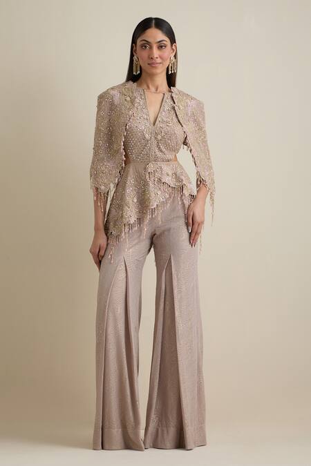 Eeksha Pink Net Sequins, Beads Embroidered Draped Sleeve Jumpsuit Online at Aza Fashions Eeksha_Pink Net Sequins, Beads Embroidered Draped Sleeve Jumpsuit _Online_at_Aza_Fashions